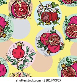 Pomegranate vector pattern for wallpaper, wrapping paper, textile fabric print, fruit shop. Summer holiday, healthy food, vegan eating, exotic nature theme. Hand drawn decorative colourful background.