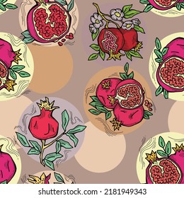 Pomegranate vector pattern for wallpaper, wrapping paper, textile fabric print, fruit shop. Summer holiday, healthy food, vegan eating, exotic nature theme. Hand drawn decorative colourful background.
