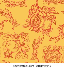 Pomegranate vector pattern for wallpaper, wrapping paper, textile fabric print, fruit shop. Summer holiday, healthy food, vegan eating, exotic nature theme. Hand drawn decorative colourful background.