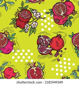 Pomegranate vector pattern for wallpaper, wrapping paper, textile fabric print, fruit shop. Summer holiday, healthy food, vegan eating, exotic nature theme. Hand drawn decorative colourful background.