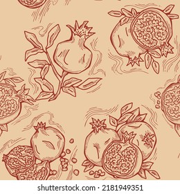 Pomegranate vector pattern for wallpaper, wrapping paper, textile fabric print, fruit shop. Summer holiday, healthy food, vegan eating, exotic nature theme. Hand drawn decorative colourful background.