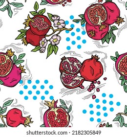Pomegranate vector pattern for wallpaper, wrapping paper, textile fabric print, fruit shop. Summer holiday, healthy food, vegan eating, exotic nature theme. Hand drawn decorative colourful background.