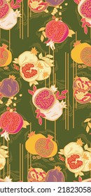Pomegranate vector pattern for wallpaper, wrapping paper, textile fabric print, fruit shop. Summer holiday, healthy food, vegan eating, exotic nature theme. Hand drawn decorative colourful background.
