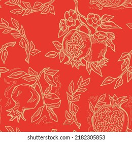 Pomegranate vector pattern for wallpaper, wrapping paper, textile fabric print, fruit shop. Summer holiday, healthy food, vegan eating, exotic nature theme. Hand drawn decorative colourful background.