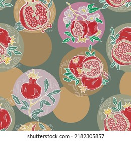 Pomegranate vector pattern for wallpaper, wrapping paper, textile fabric print, fruit shop. Summer holiday, healthy food, vegan eating, exotic nature theme. Hand drawn decorative colourful background.