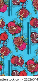 Pomegranate vector pattern for wallpaper, wrapping paper, textile fabric print, fruit shop. Summer holiday, healthy food, vegan eating, exotic nature theme. Hand drawn decorative colourful background.