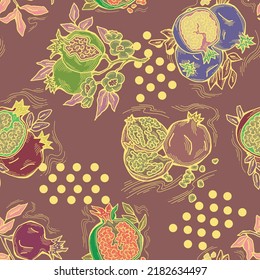 Pomegranate vector pattern for wallpaper, wrapping paper, textile fabric print, fruit shop. Summer holiday, healthy food, vegan eating, exotic nature theme. Hand drawn decorative colourful background.