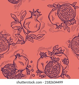 Pomegranate vector pattern for wallpaper, wrapping paper, textile fabric print, fruit shop. Summer holiday, healthy food, vegan eating, exotic nature theme. Hand drawn decorative colourful background.