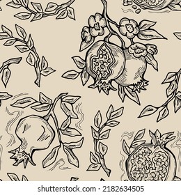 Pomegranate vector pattern for wallpaper, wrapping paper, textile fabric print, fruit shop. Summer holiday, healthy food, vegan eating, exotic nature theme. Hand drawn decorative colourful background.