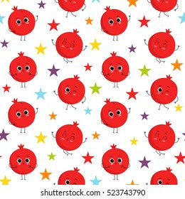 Pomegranate, vector seamless pattern with cute fruit characters and colorful stars isolated on white