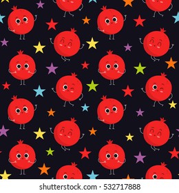 Pomegranate, vector seamless pattern with cute fruit characters on dark background with colorful stars