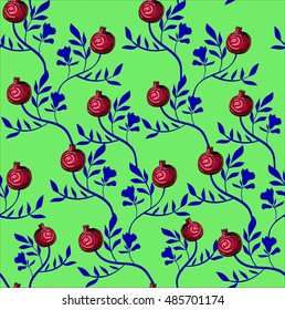 pomegranate vector seamless pattern. linocut style. blue and red on green.