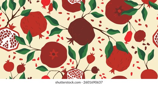 Pomegranate vector seamless pattern. Red pomegranate decorative background. Fresh pomegranate vector design for fabric, paper, wallpaper, cover, interior decor, and other use. Vector illustration