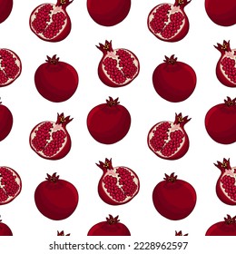 Pomegranate vector seamless pattern. Vegetarian food drawing. Ripe garnet fruit with seeds 