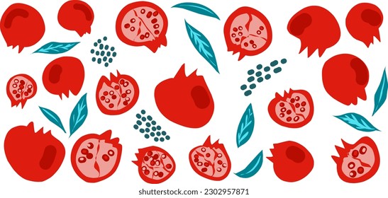 Pomegranate. Vector set, hand drawn illustrations in flat style. Careless drawings. Elements for design