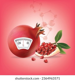 Pomegranato con una escala de peso. Concepto dietético. Vector.