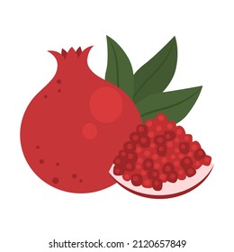 Pomegranar fruta entera y rebanar con semillas de grano aisladas sobre fondo blanco. Icono de fruta madura roja para el diseño de paquetes. Concepto de alimentos saludables. Ilustración vectorial de frutos exóticos.