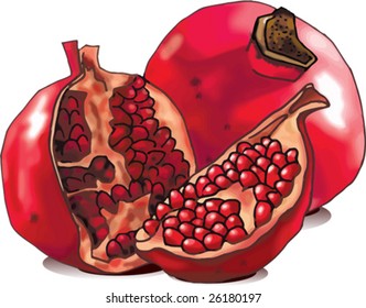 Pomegranate, whole and open-face with seeds