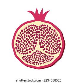 Pomegranate whole and pieces, cut with seeds. Stylized juicy fruit. Symbol of good luck, eternal life, love, fertility, abundance. Symbol of Israel and Azerbaijan