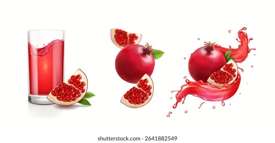 Pomegranate whole and quarter slice with seeds set isolated Juice drinking glass design element with juice splash for advertising Realistic 3d vector illustration