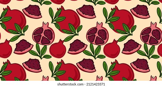 Pomegranate whole and slices, beautiful vector seamless pattern. Fruit, suitable for wallpapers, web page food backgrounds, surface textures, textiles. Doodle or hand drawn cartoon style.