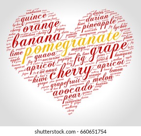 Pomegranate. Word cloud in shape of heart, italic font, grey gradient background. Fruit.