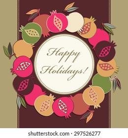 Pomegranate Wreath Holiday Greeting card design vector template for special occasions, life events & announcements. Jewish New Year greeting or invitation card. Sample greeting text. Editable 