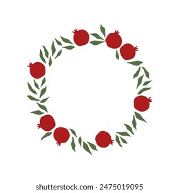 Pomegranate wreath vector illustration. Shana Tova hand drawn holiday card. Jewish New Year Rosh Hashanah frame. Template with fruit and leaves for postcard, invitation isolated on white.