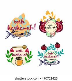 pomegranate,honey, fish  greeting card vector template.Jewish NewYear greeting card. collection of symbols of Jewish New Year.elements and labels for Jewish New Year celebration.
