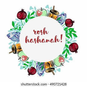 pomegranate,honey, fish  greeting card vector template. jewish new year greeting card. symbols for Jewish New Year celebration.