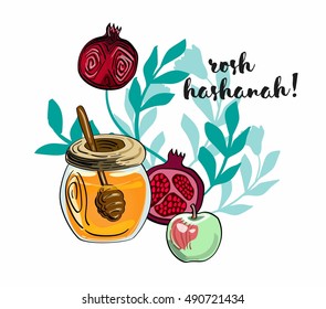 pomegranate,honey, fish  greeting card vector template. jewish new year greeting card. 