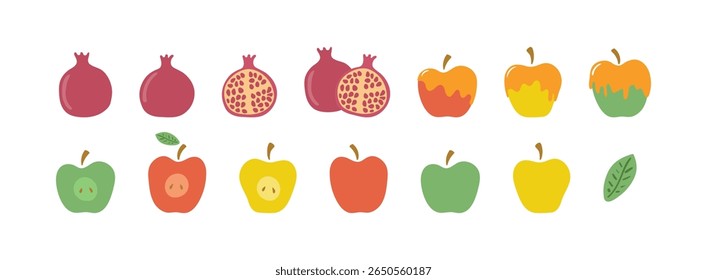 Pomegranates, apples in honey Rosh Hashanah clip art collection, isolated on transparent. Hand drawn flat vector illustration. Hebrew New Year, seasonal summer, autumn fruits design elements set