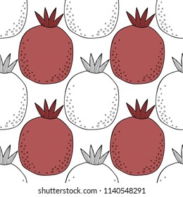Pomegranates. Black and white illustration for coloring book and page. Sweet fruits, healthy dessert and food.