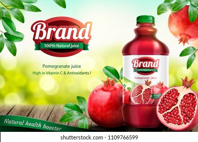 Pomegranates bottled juice ads with fresh fruit on wooden table in 3d illustration