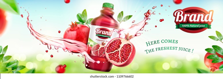 Pomegranates bottled juice ads with splashing liquid on natural bokeh background in 3d illustration - Shutterstock ID 1109766602