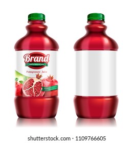 Pomegranates bottled juice package design set in 3d illustration