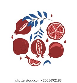 Pomegranates circular emblem. Vector hand drawn fruits and leaves round badge illustration isolated on white background.