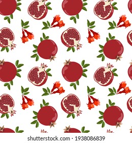 Pomegranates and condiments, floral pattern, vector seamless fruit background, tropical flowers, leaves, textures of branches. Summer design for fabric, print, cover, wrapping paper, backdrop, wallpap