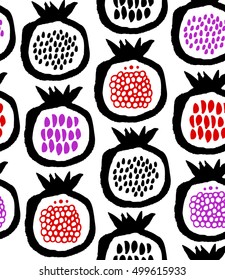 Pomegranates decorative seamless pattern. Vector fruits background drawn by ink and brush