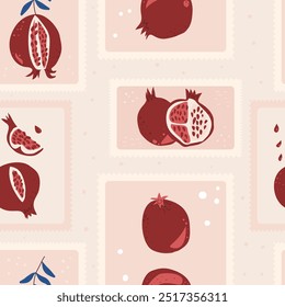 Pomegranates emblem seamless pattern. Rectangle badge with fruits repeat surface background. Vector hand drawn flat illustration.