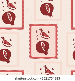 Pomegranates emblem seamless pattern. Rectangle badge cut pieces and whole pomegranate repeat surface background. Square poster with fruit and leaves. Vector hand drawn flat illustration.