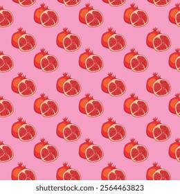 Pomegranates fruit flat seamless pattern on pink background. Wrapping paper, gift card, poster, banner design. Home decor, modern textile print. Summer bright geometric fruits patterned.