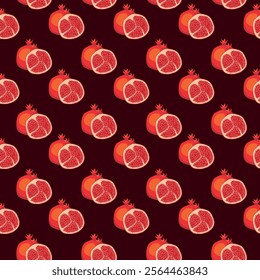 Pomegranates fruit flat seamless pattern on brown background. Wrapping paper, gift card, poster, banner design. Home decor, modern textile print. Summer bright geometric fruits patterned.