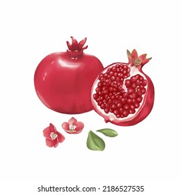 Pomegranates fruit, flowers and leaves in realistic  style, watercolor painting. Texture, wrapper, pattern or printing.