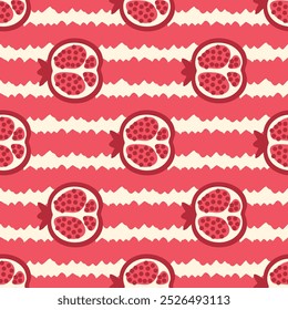 Pomegranates fruits vector seamless pattern on abstract striped background. Perfect art print for banner, card, textile, fabric, paper, sale. Hand drawn illustration.