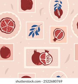 Pomegranates geometric emblem seamless pattern. Rectangle and round badge repeat surface background. Square and oval labels with fruit and leaves. Vector hand drawn illustration.