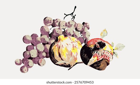 Pomegranates and Grapes illustration isolated on white, vector. Vintage Japanese illustration, vintage art from Japan. Old Japanese food element.