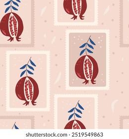 Pomegranates growing emblem seamless pattern. Rectangle badge with ripe fruits repeat surface background. Vector hand drawn flat illustration.