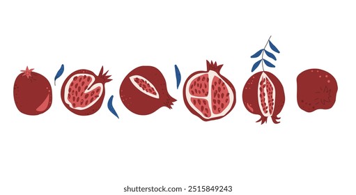 Pomegranates half and whole isolated on white background. Ripe fruits and leaves. Vector hand drawn illustration