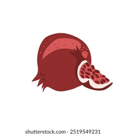 Pomegranates isolated on white background. Ripe fruit and juicy piece. Vector hand drawn illustration